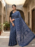 Indigo Mul Cotton saree with floral and geometric Bagru hand block print motifs