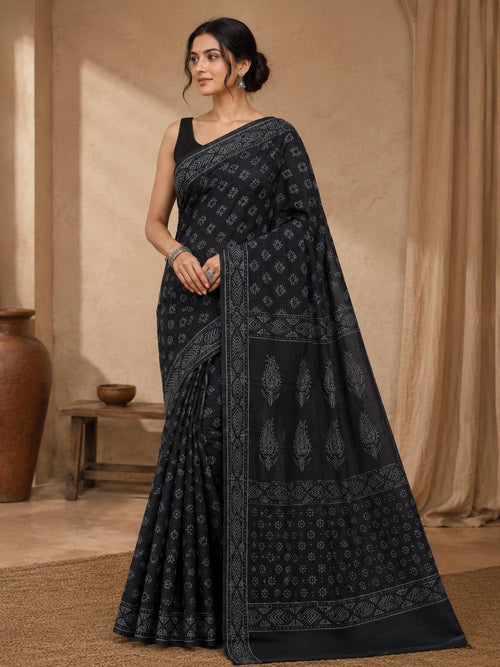 Black & Grey Paisley Motifs Bagru Hand Block Print Mul Cotton Saree With Blouse Piece
