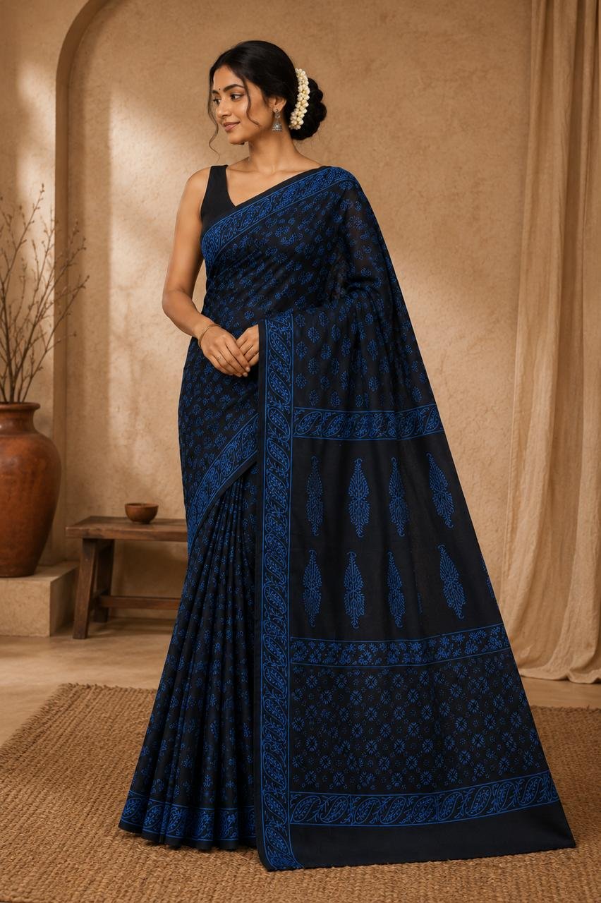 Navy blue saree with floral Bagru print design and border