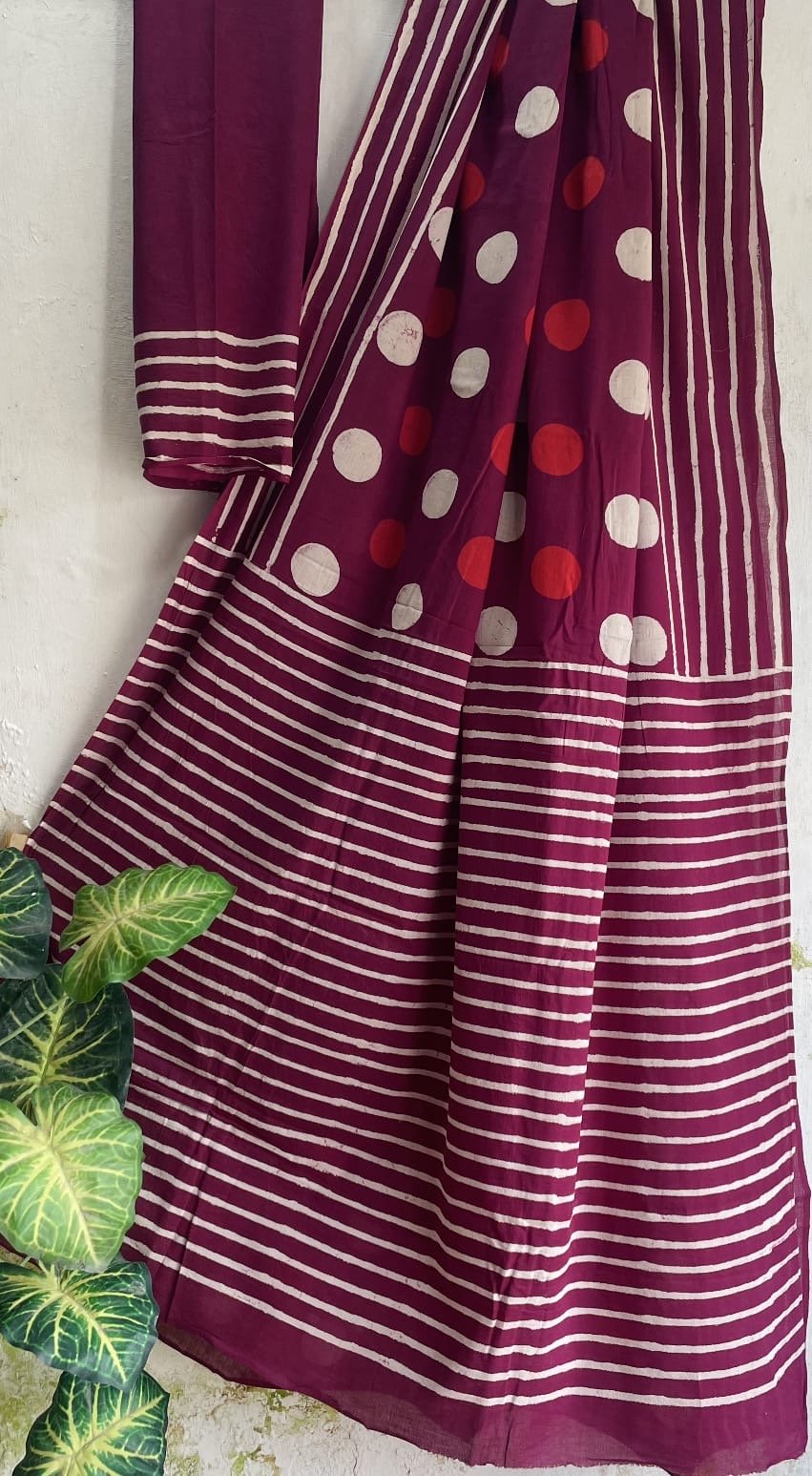 Maroon saree with polka dots and stripes in Bagru hand block print