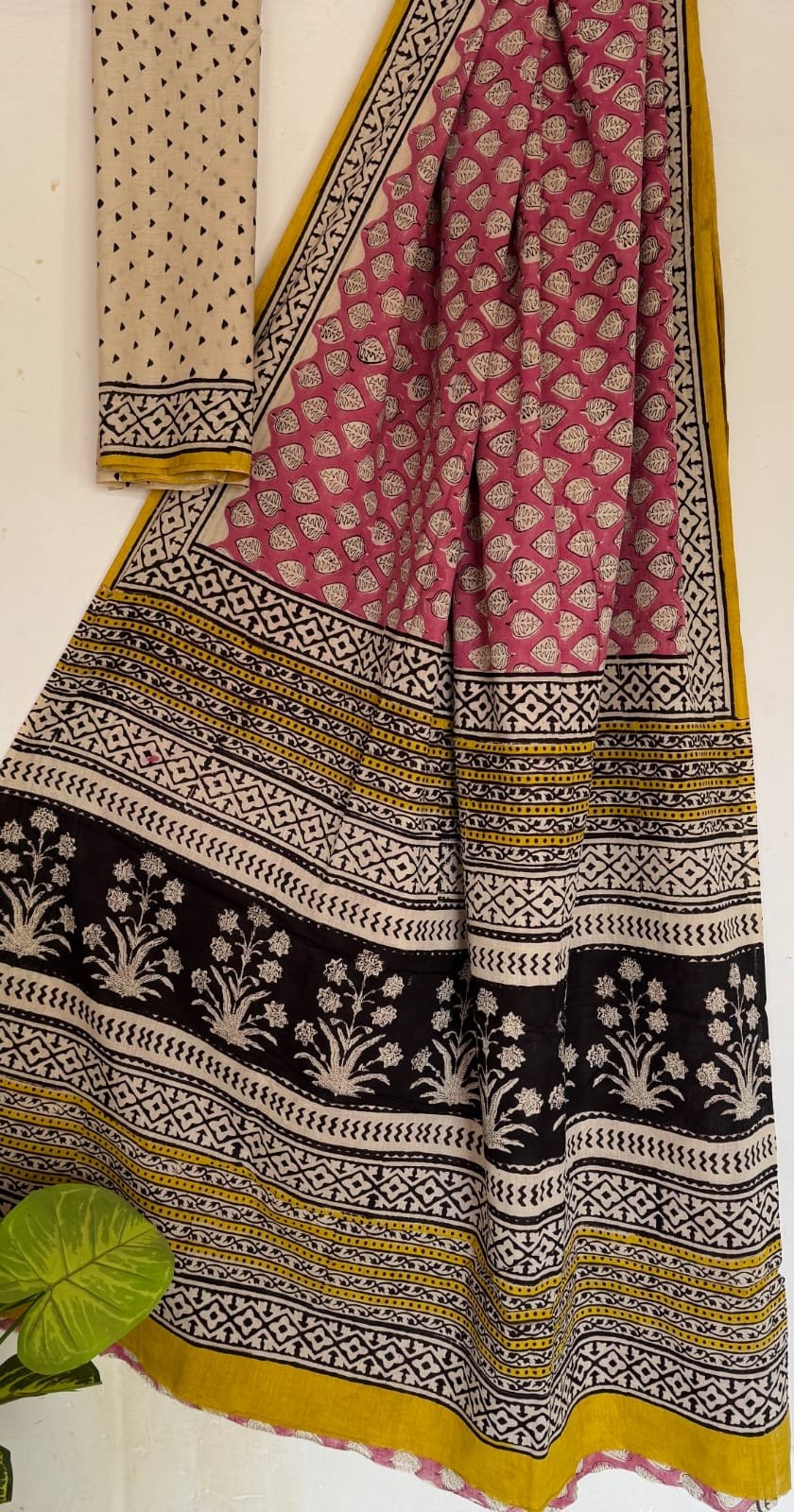 Pink floral Bagru hand block print mul cotton saree with black border