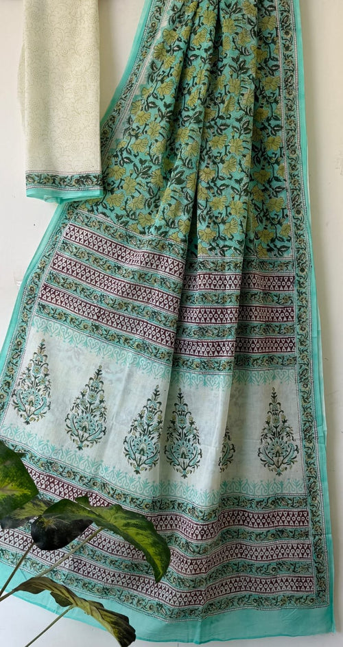 Aqua saree with floral motifs and intricate border design
