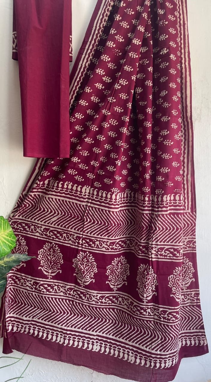 Maroon saree with floral motifs and intricate border design