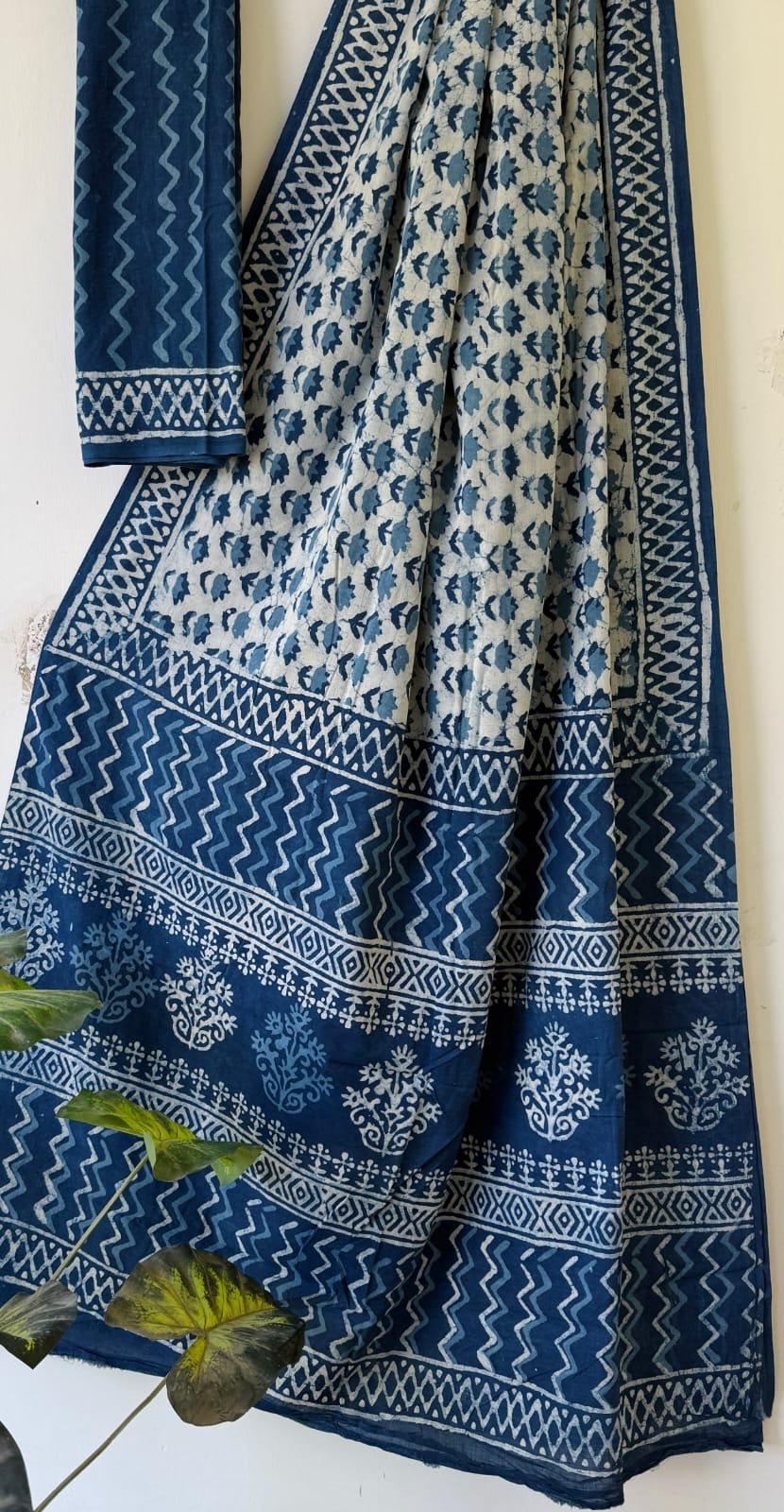 Indigo saree with hand-block printed floral and geometric motifs