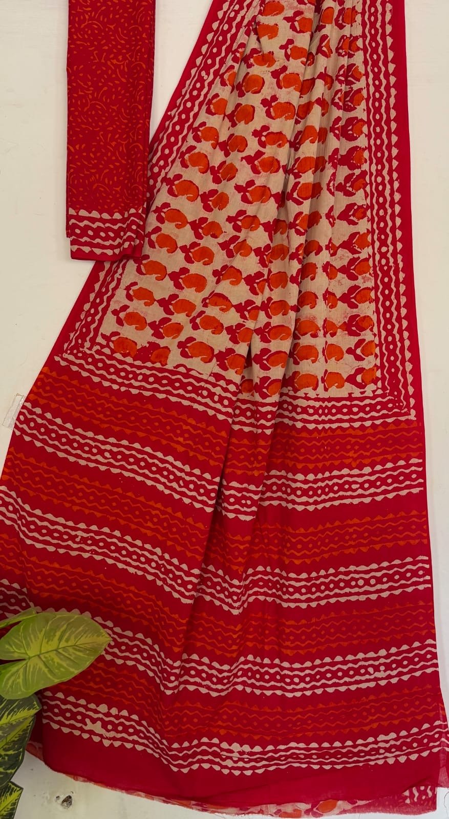 Red saree with floral and geometric motifs, Bagru hand block print
