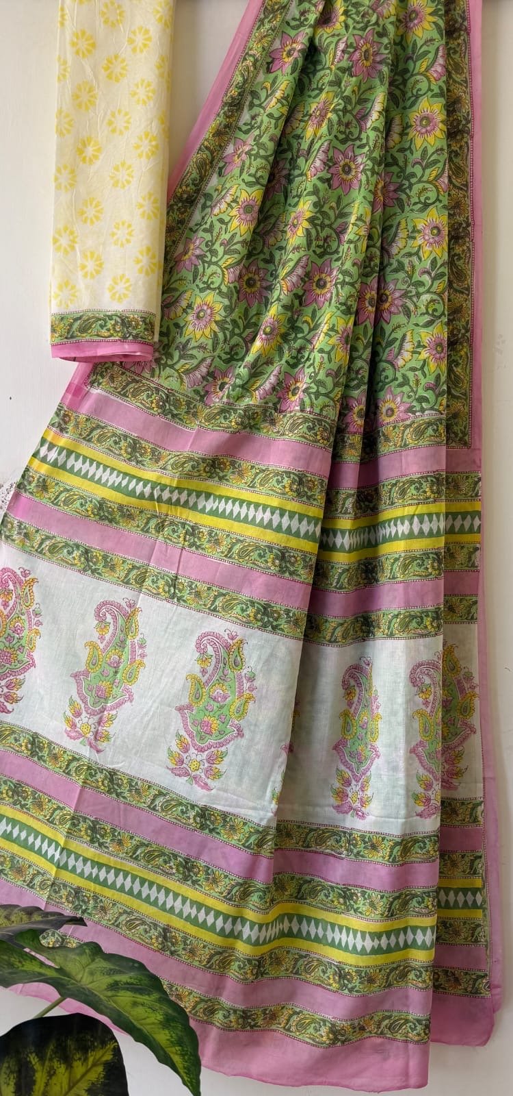 Green and pink floral motif Bagru hand block print saree with intricate border