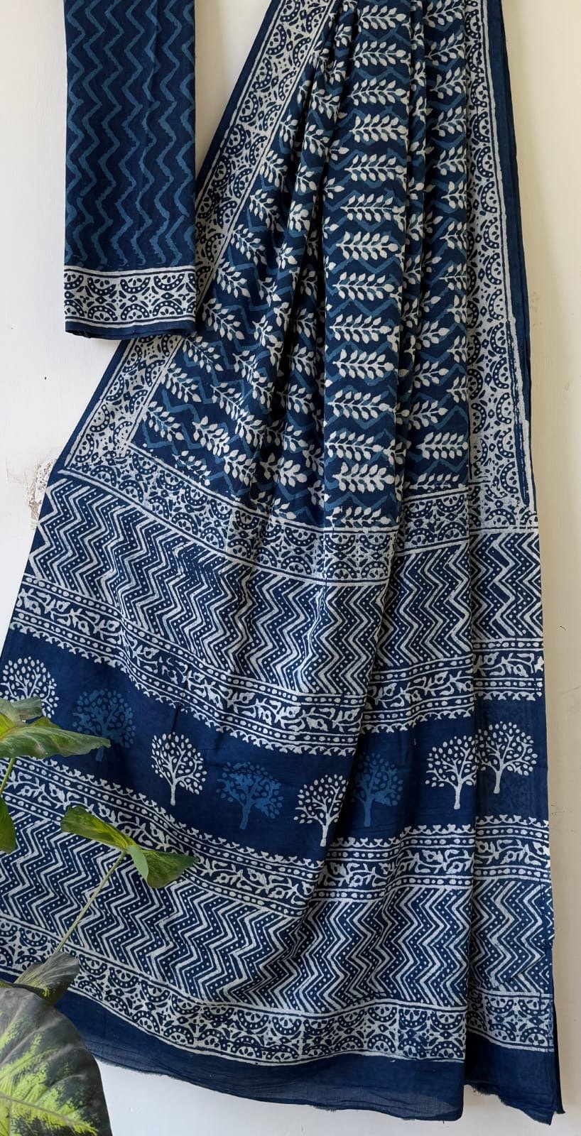 Indigo saree with leaf and tree motifs in Bagru hand block print