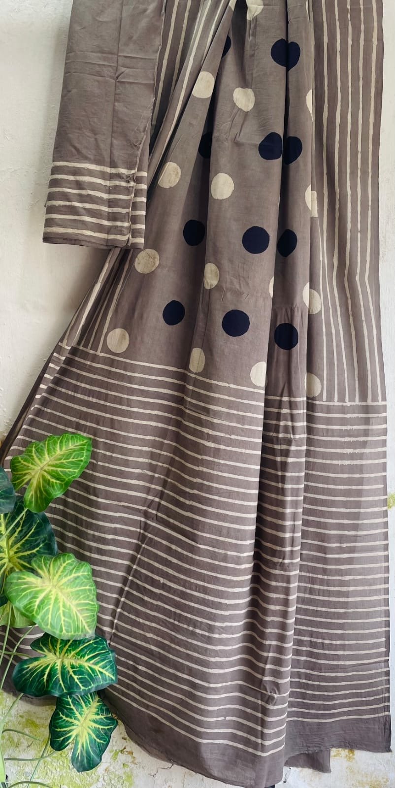 Brown saree with polka dot and stripe patterns, Bagru block print