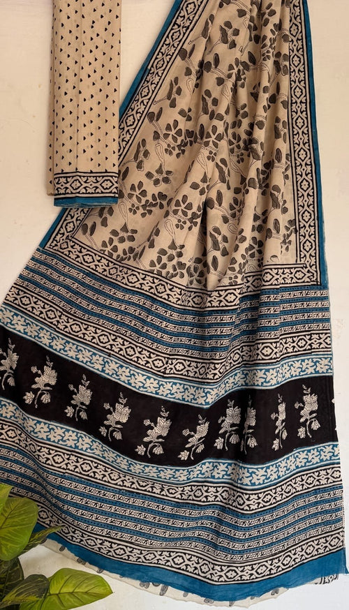 Black & Beige Floral Buti Bagru Hand Block Printed Mul Cotton Saree With Blouse Piece