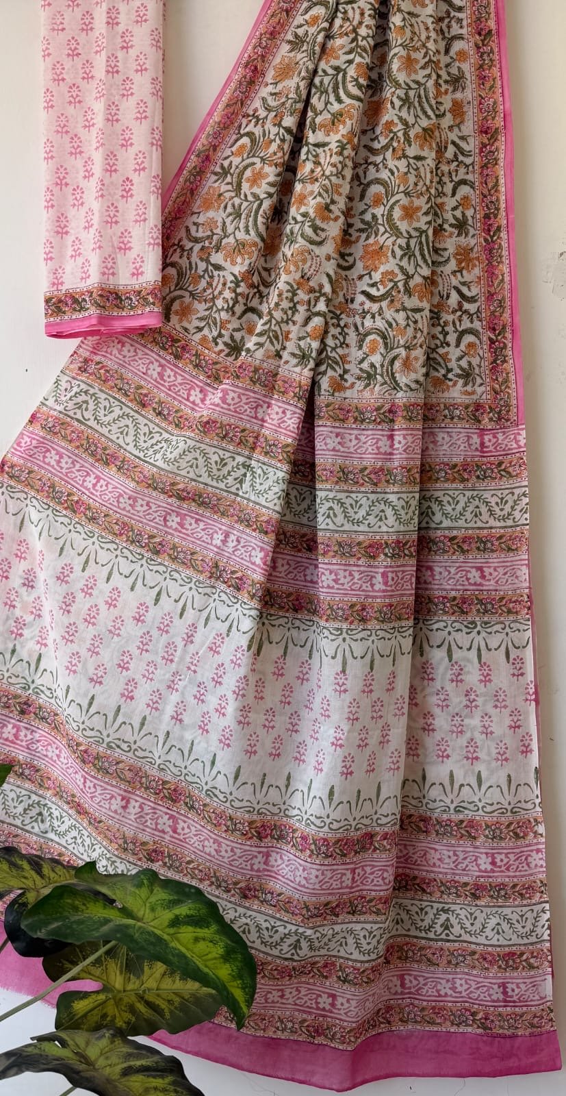 Saree with pink floral and green jaal patterns, Bagru hand block print