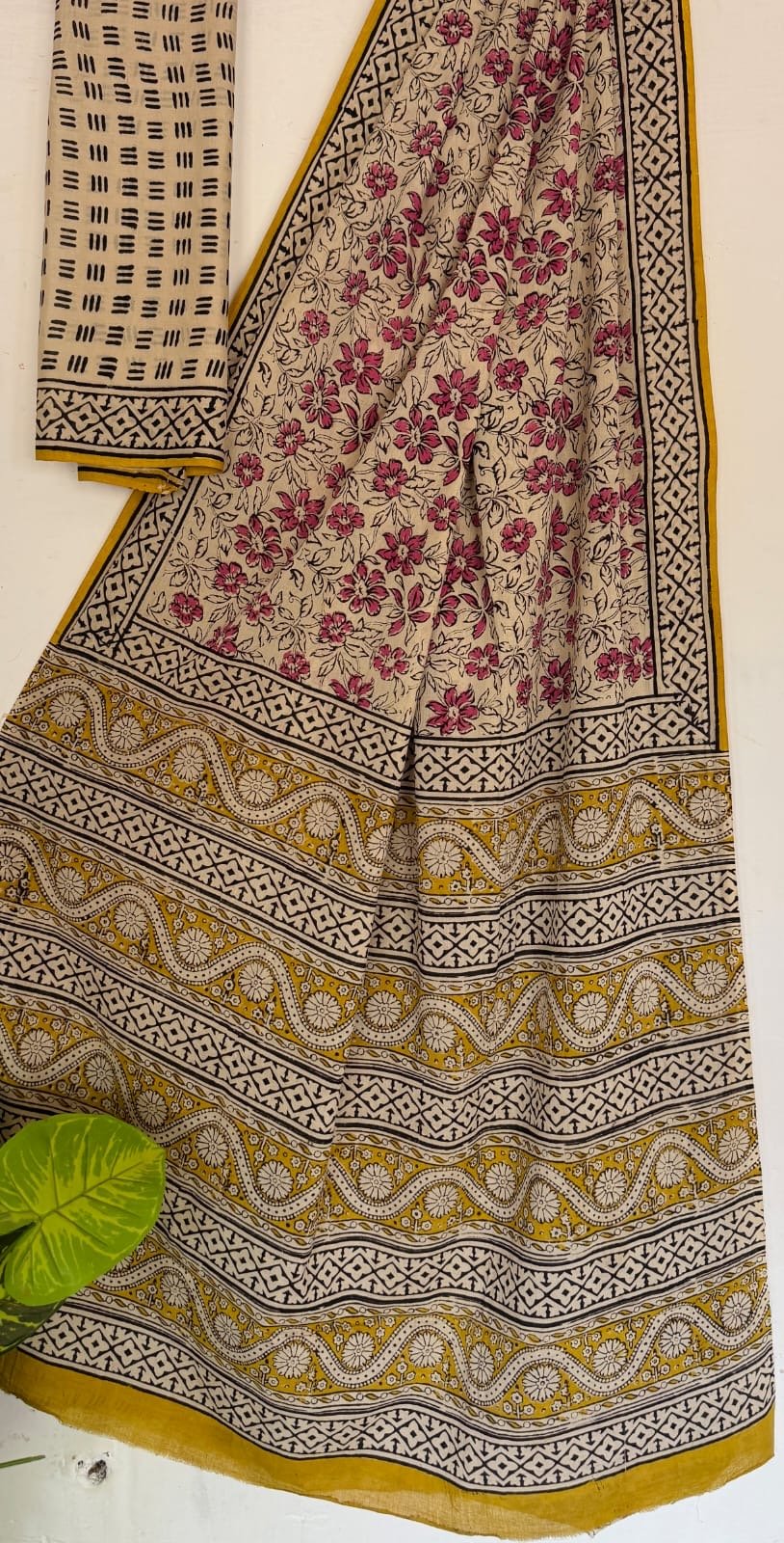 Saree with pink floral and yellow geometric Bagru hand block print design