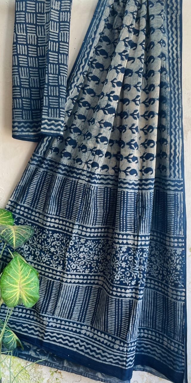 Indigo saree with fish and geometric motifs in Bagru print style