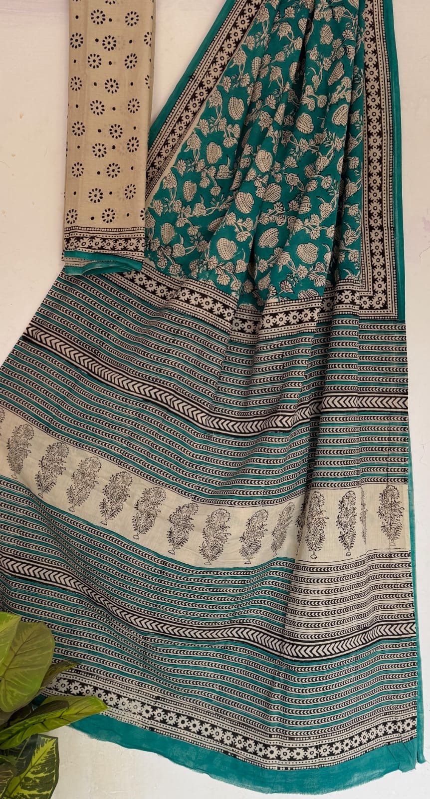 Teal saree with floral and striped Bagru hand block print motif