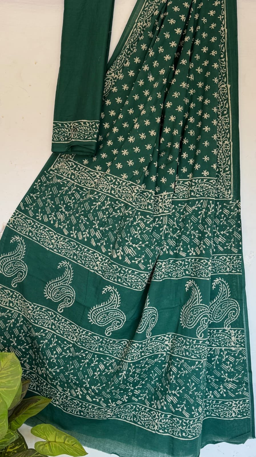 Green saree with paisley and floral Bagru block print motifs