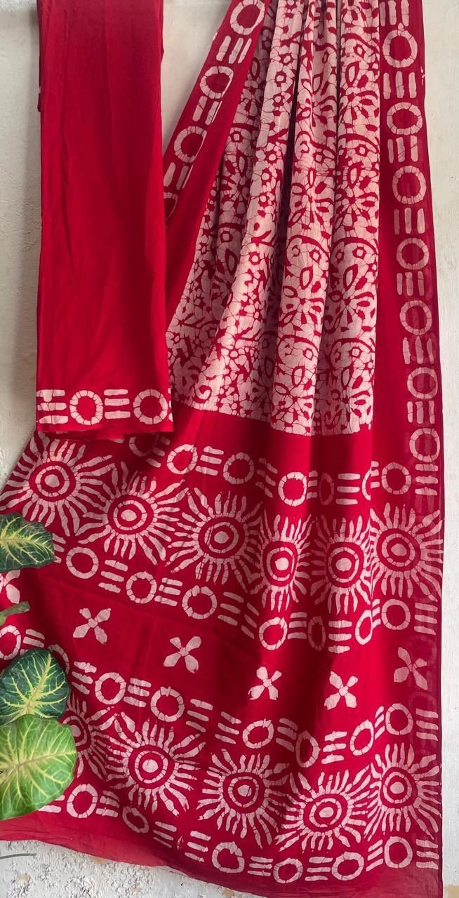 Red saree with geometric motifs in traditional Bagru hand block print