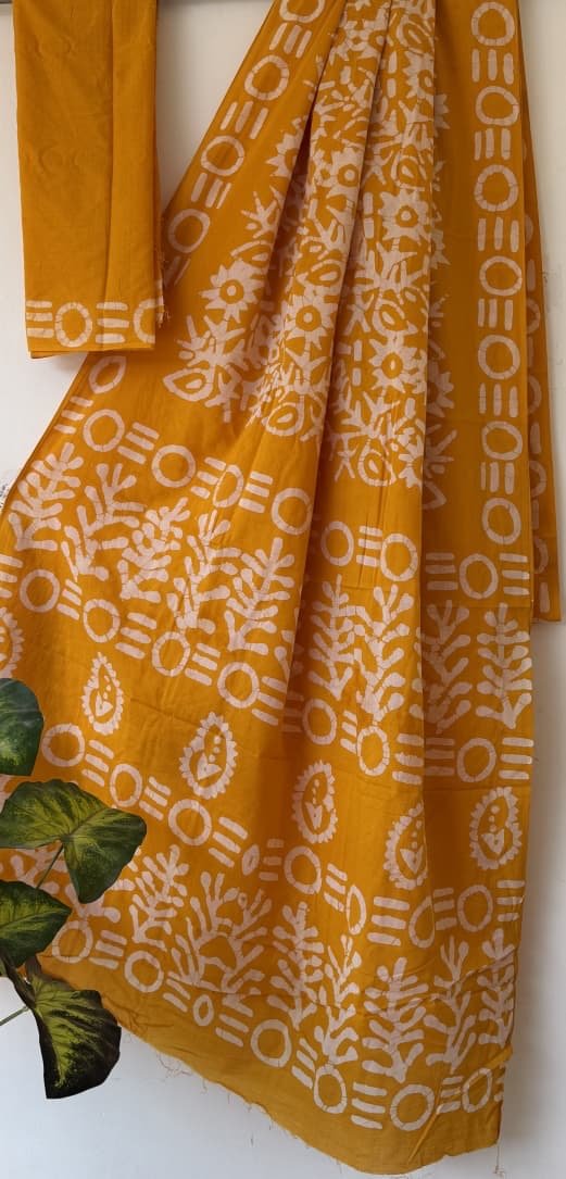 Yellow saree with white geometric hand block print motifs