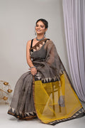 Black & Yellow Geometric Khat Bagru Hand Block Print Kota Doriya Silk Saree With Blouse Piece