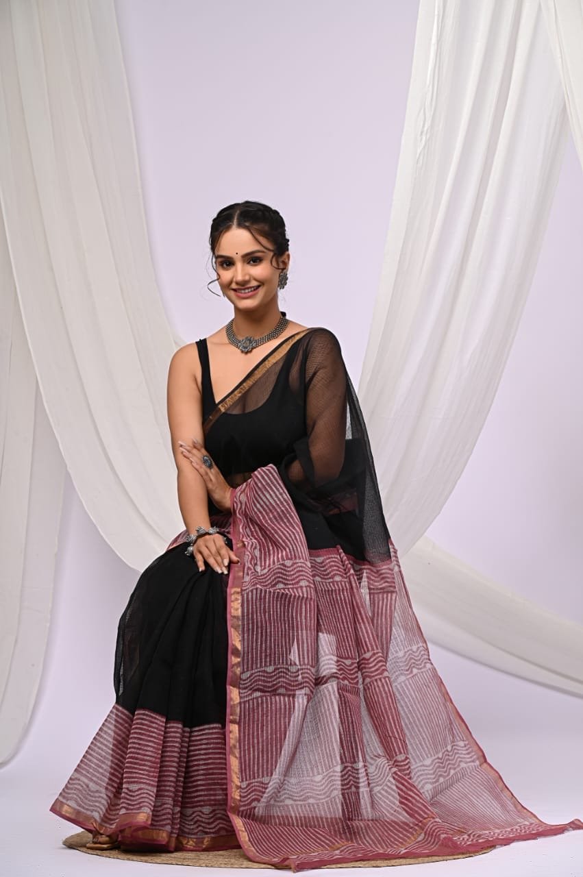 Black and maroon striped Kota Doriya saree with hand block print motif
