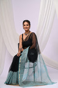 Black & Aqua Blue Geometric Bagru Hand Block Print Kota Doriya Silk Saree With Blouse Piece