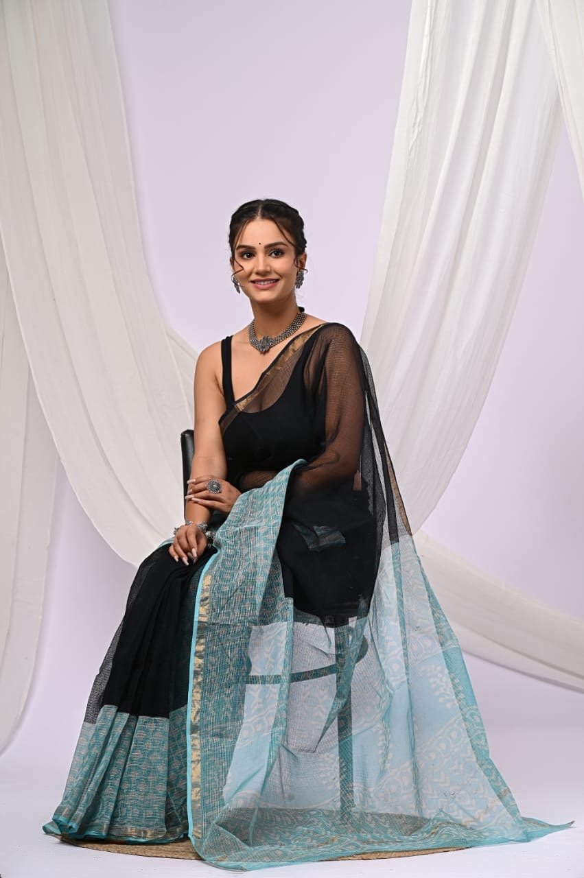 Aqua blue and black Kota Doriya saree with geometric hand block print motifs