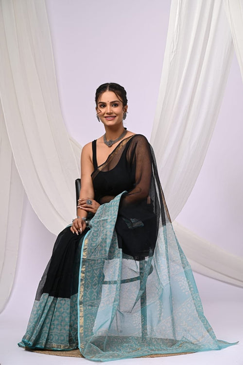 Aqua blue and black Kota Doriya saree with geometric hand block print motifs