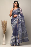 Indigo saree with geometric Bagru hand block print and khat texture