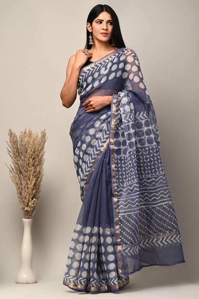 Indigo saree with geometric Bagru hand block print and khat texture