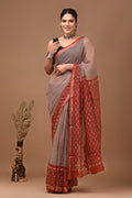Red & Beige Floral Buti Bagru Hand Block Print Kota Doriya Silk Saree With Blouse Piece