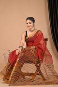 Red & Mustard Floral Jaal Bagru Hand Block Print Kota Doriya Silk Saree With Blouse Piece