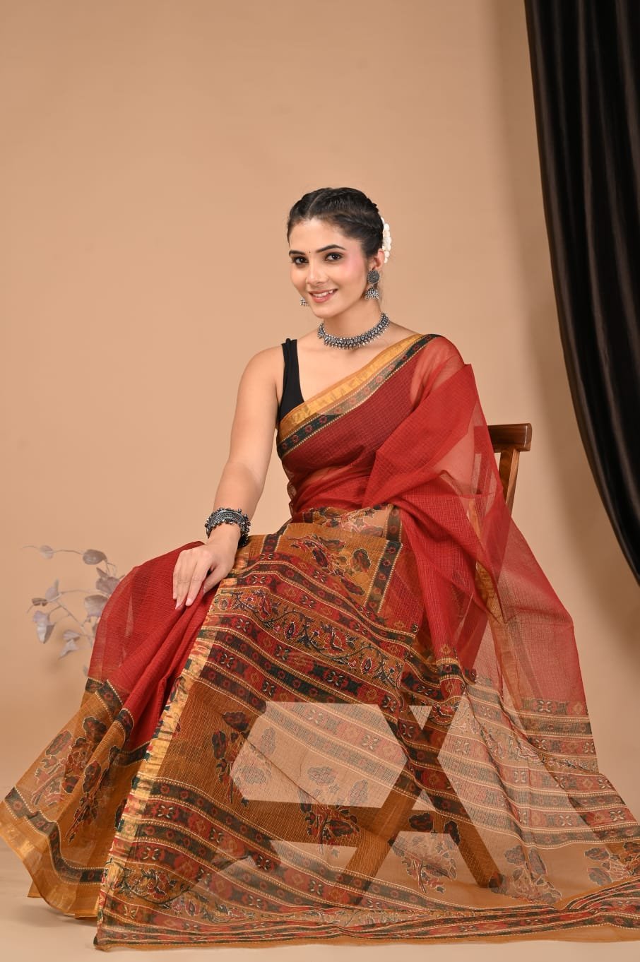 Red Kota Doriya saree with floral Bagru hand block print and elegant border