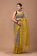Yellow & Black Floral Buti Bagru Hand Block Print Kota Doriya Silk Saree With Blouse Piece
