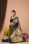 Yellow & Black Tie-Dye Shibori Bagru Hand Block Print Kota Doriya Silk Saree With Blouse Piece