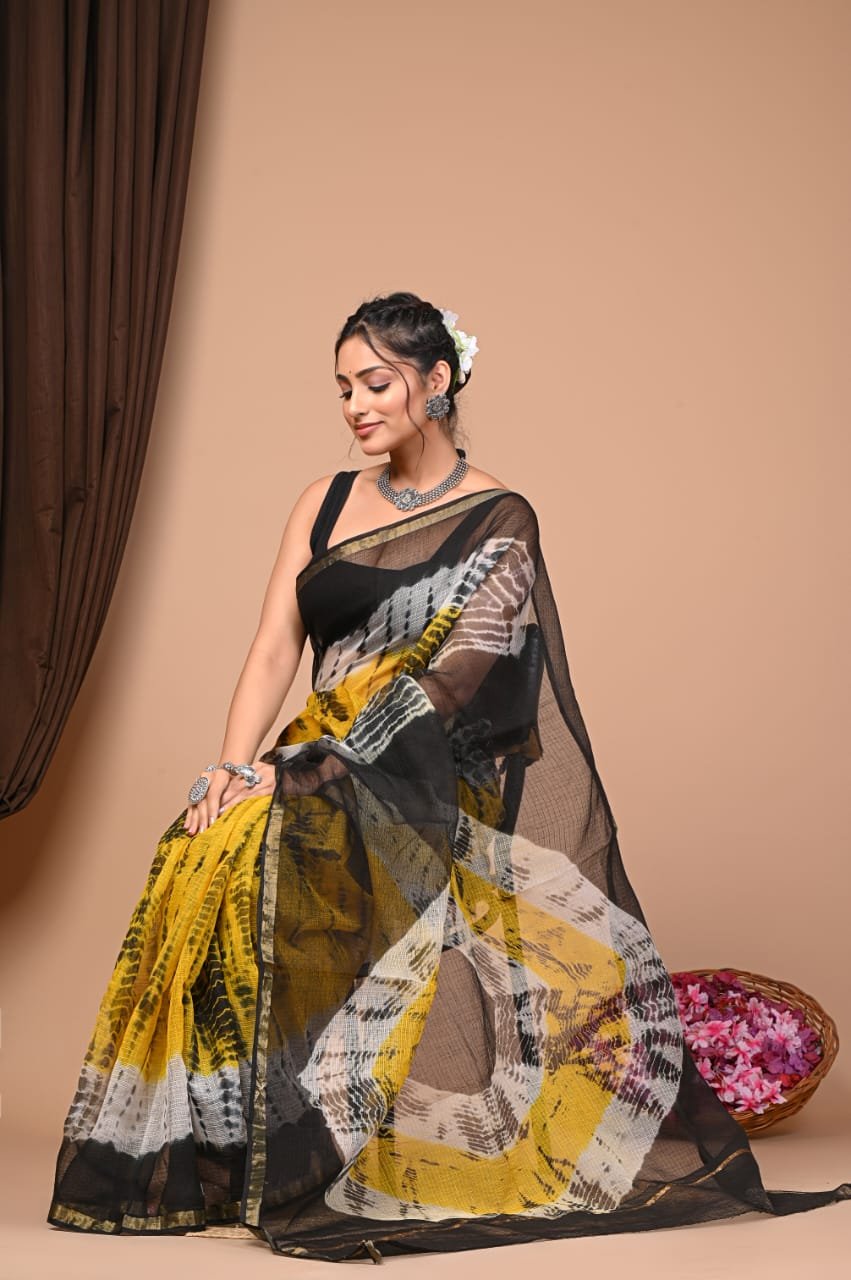 Yellow and black Kota Doriya saree with abstract Bagru print