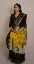 Yellow & Black Abstract Tie-Dye Bagru Hand Block Print Kota Doriya Silk Saree With Blouse Piece