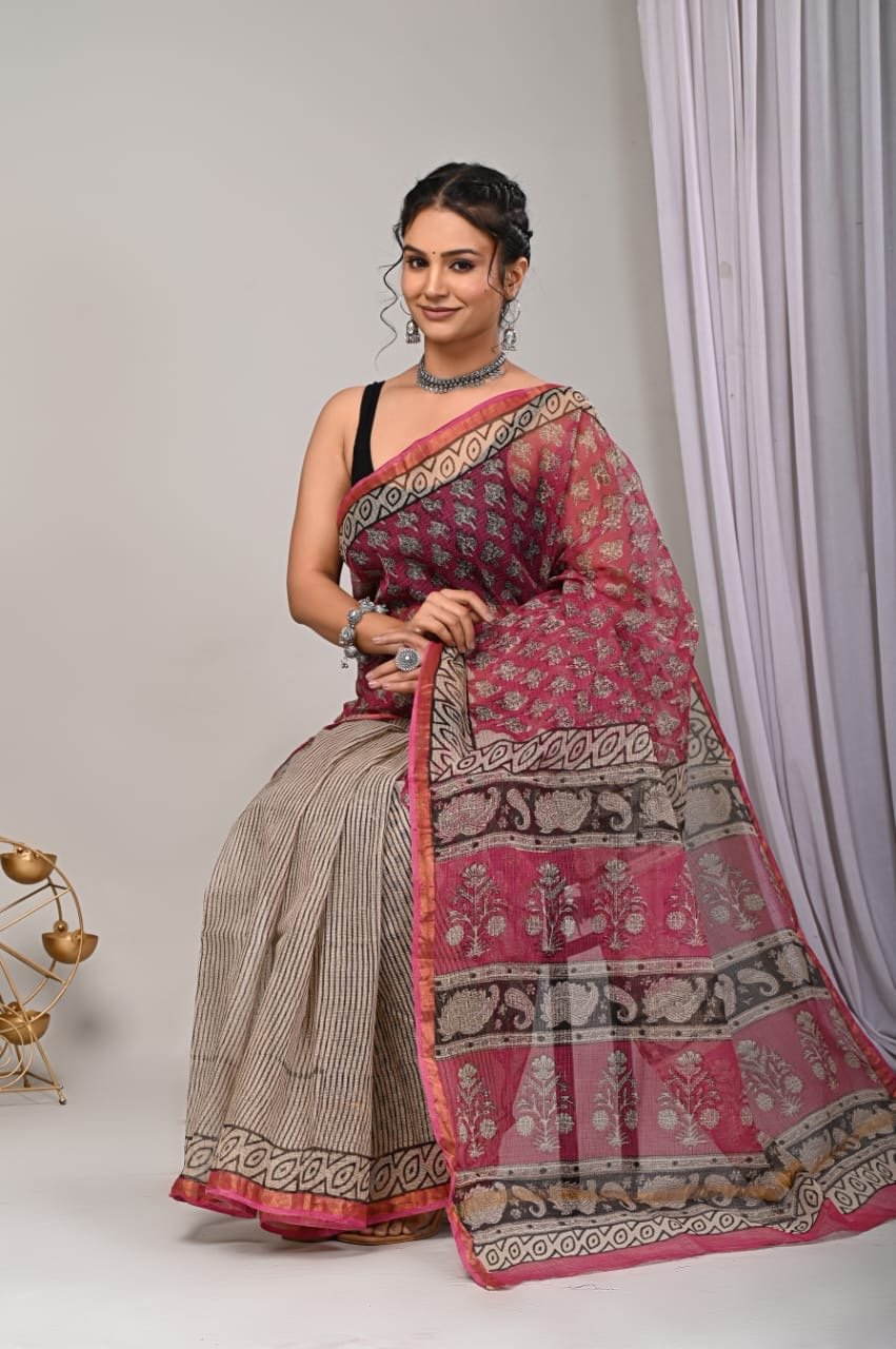 Maroon saree with floral Bagru hand block print and traditional motifs