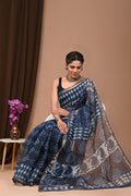 Navy Blue & Off-White Geometric Bagru Hand Block Print Kota Doriya Silk Saree With Blouse Piece