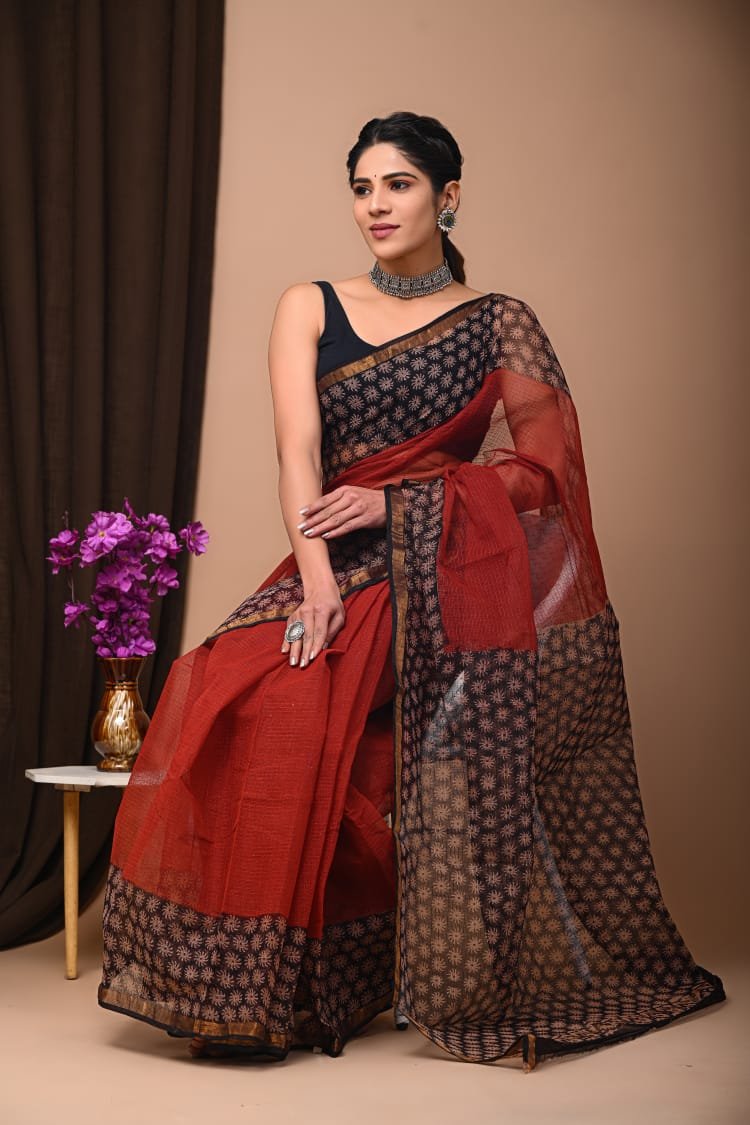 Red and black saree with floral hand block print motifs