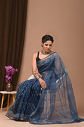 Navy Blue & White Striped Buta Bagru Hand Block Printed Kota Doriya Silk Saree With Blouse Piece