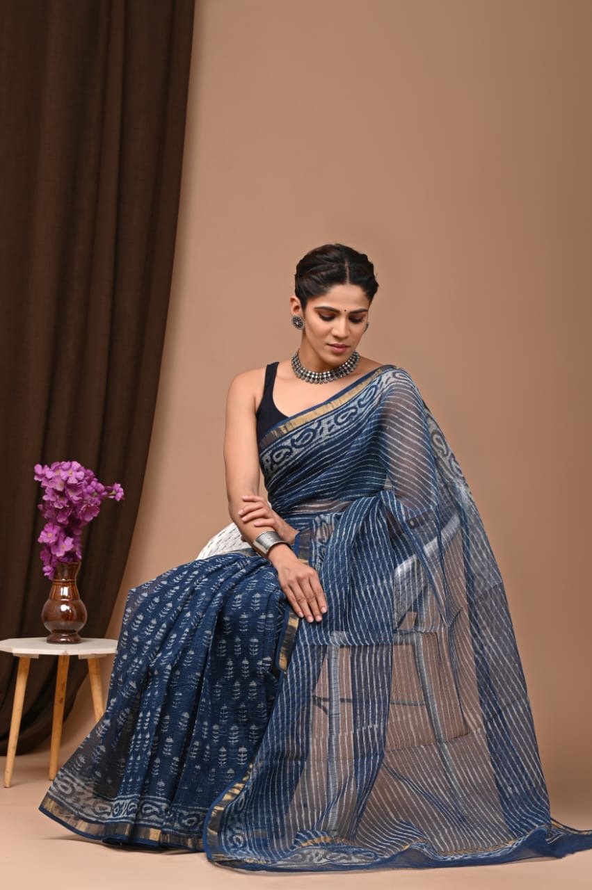 Navy blue saree with striped and buta Bagru hand block print patterns