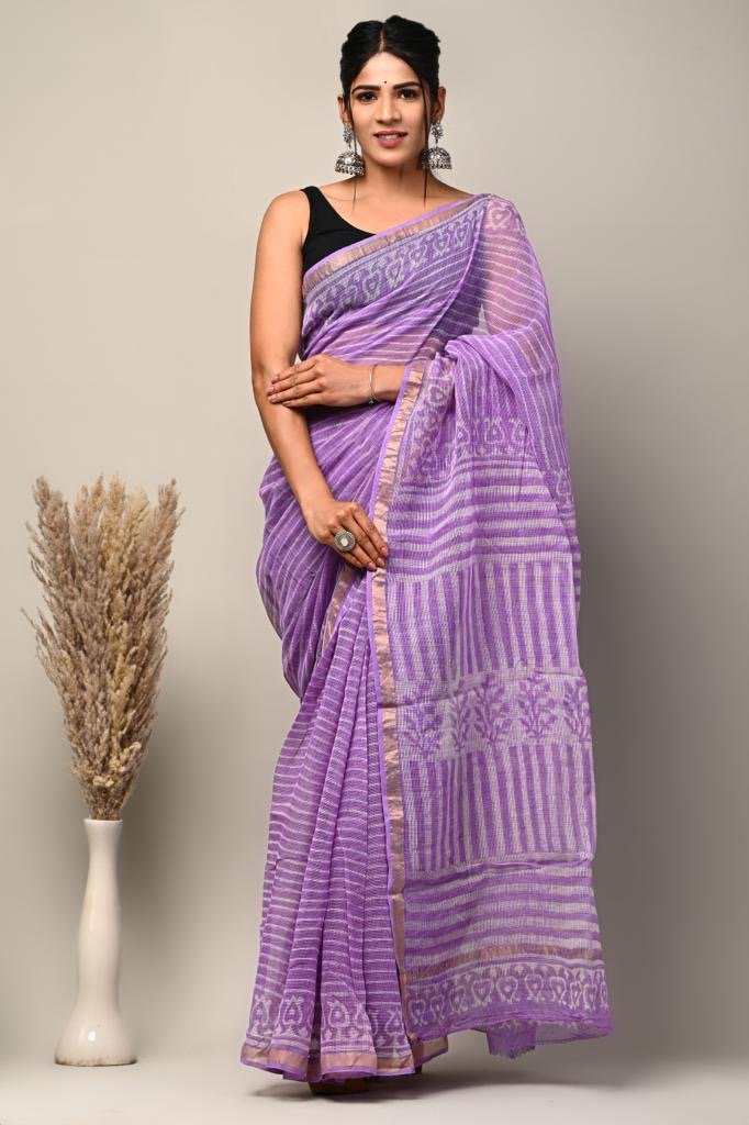 Lavender saree with floral and line hand block prints showing khat texture