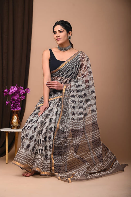Black & Beige Paisley Motifs Bagru Hand Block Print Kota Doriya Silk Saree With Blouse Piece