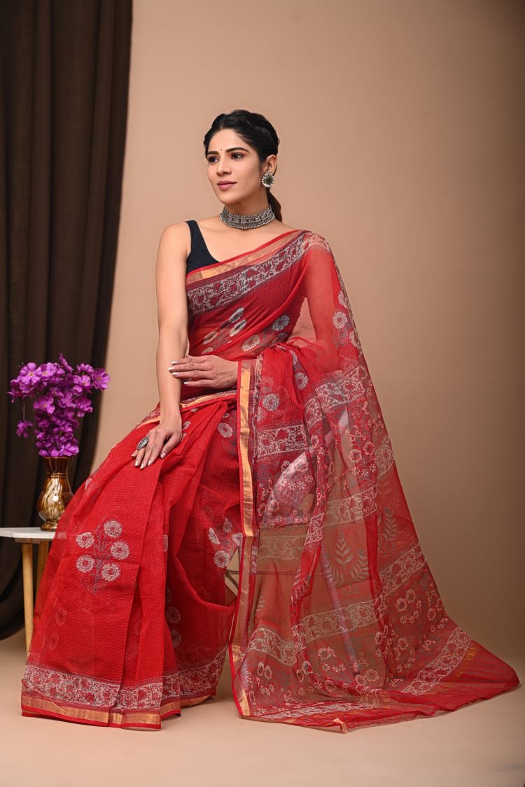 Red saree with white floral Bagru hand block print and khat texture