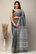 Grey Kota Doriya saree with floral Bagru hand block prints and geometric motifs