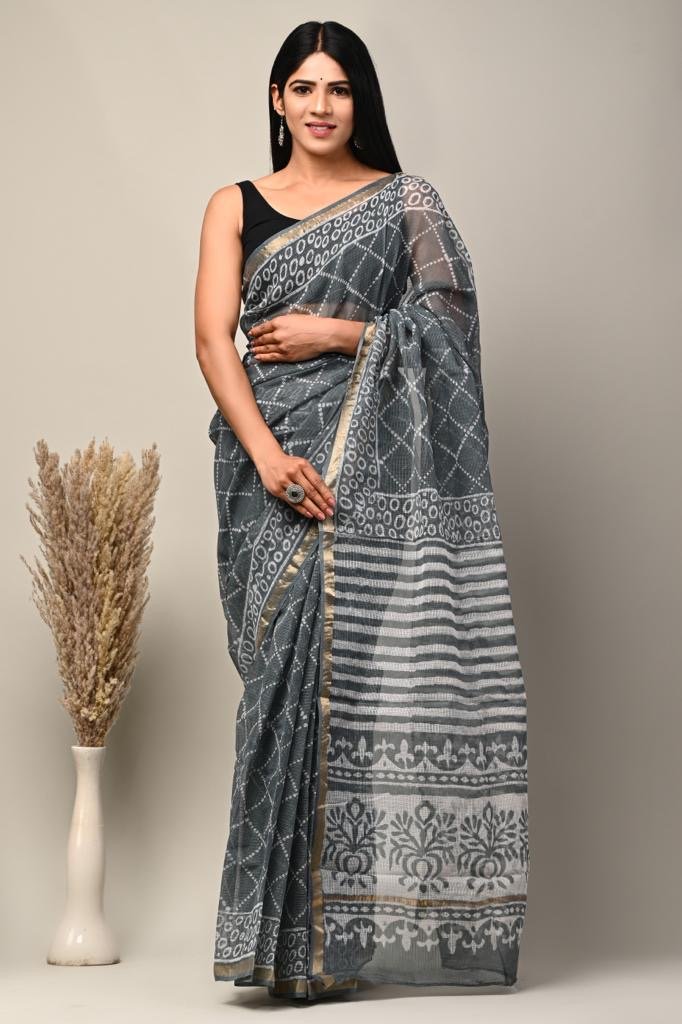 Grey Kota Doriya saree with floral Bagru hand block prints and geometric motifs