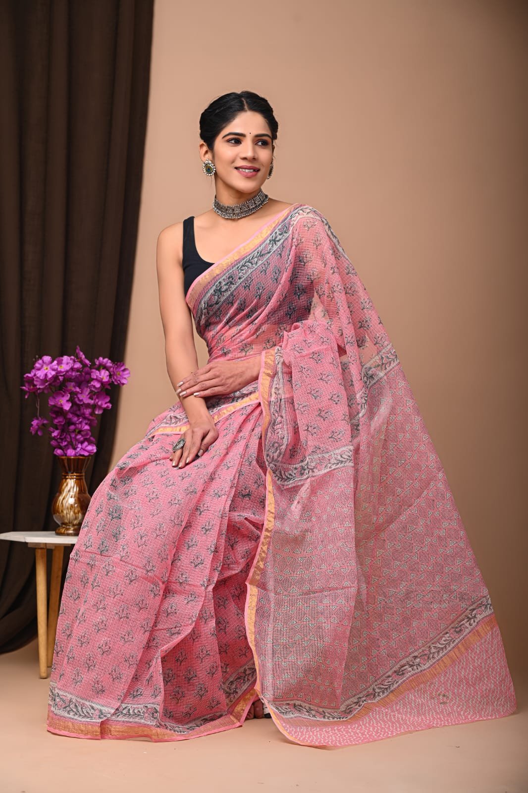 Pink saree with floral Bagru hand block print and khat texture