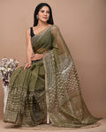 Olive & Beige Floral Buti Bagru Hand Block Print Kota Doriya Silk Saree With Blouse Piece