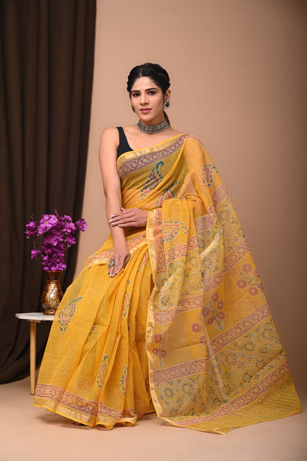Yellow Kota Doriya silk saree with floral Bagru hand block print motif