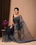 Black & Beige Geometric Motifs Bagru Hand Block Print Kota Doriya Silk Saree With Blouse Piece