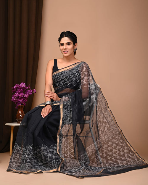 Black & Beige Geometric Motifs Bagru Hand Block Print Kota Doriya Silk Saree With Blouse Piece
