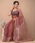 Maroon & White Floral Buti Bagru Hand Block Print Kota Doriya Silk Saree With Blouse Piece